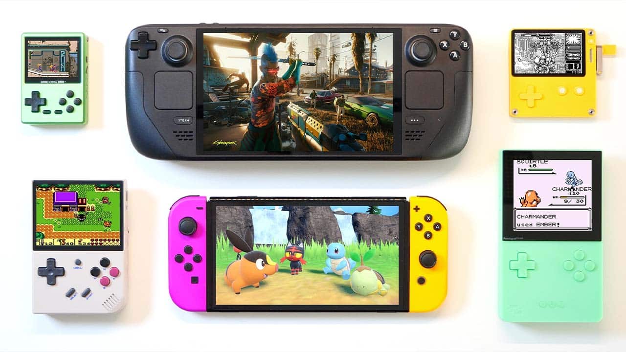 A selection of handheld game consoles on a white background