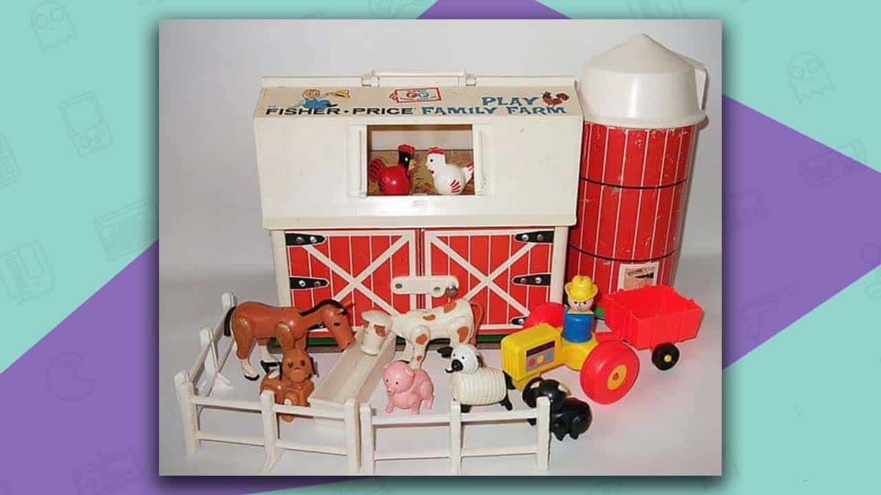 Fisher Price Farm, There is a red barn with white roof. Animals and a figure on a tractor stand by the doors.