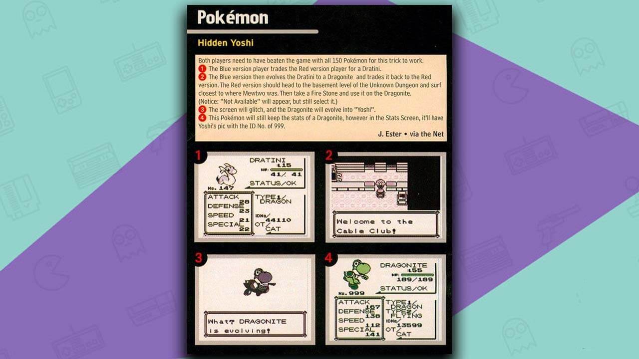April Fools heat information showing how to get a Yoshi in Pokemon Red/Blue