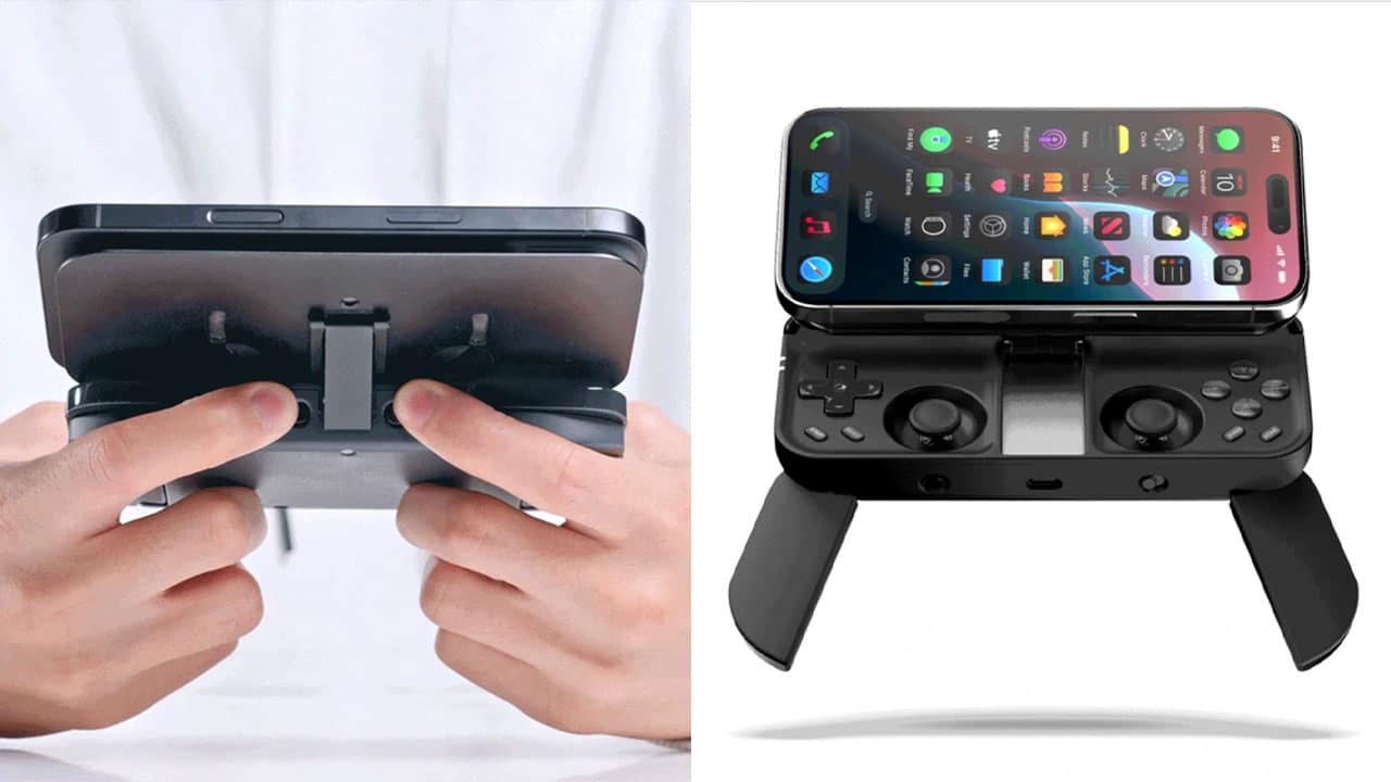 Mcon gaming controller in flip mode (left) and handheld mode showing the phone screen (right)