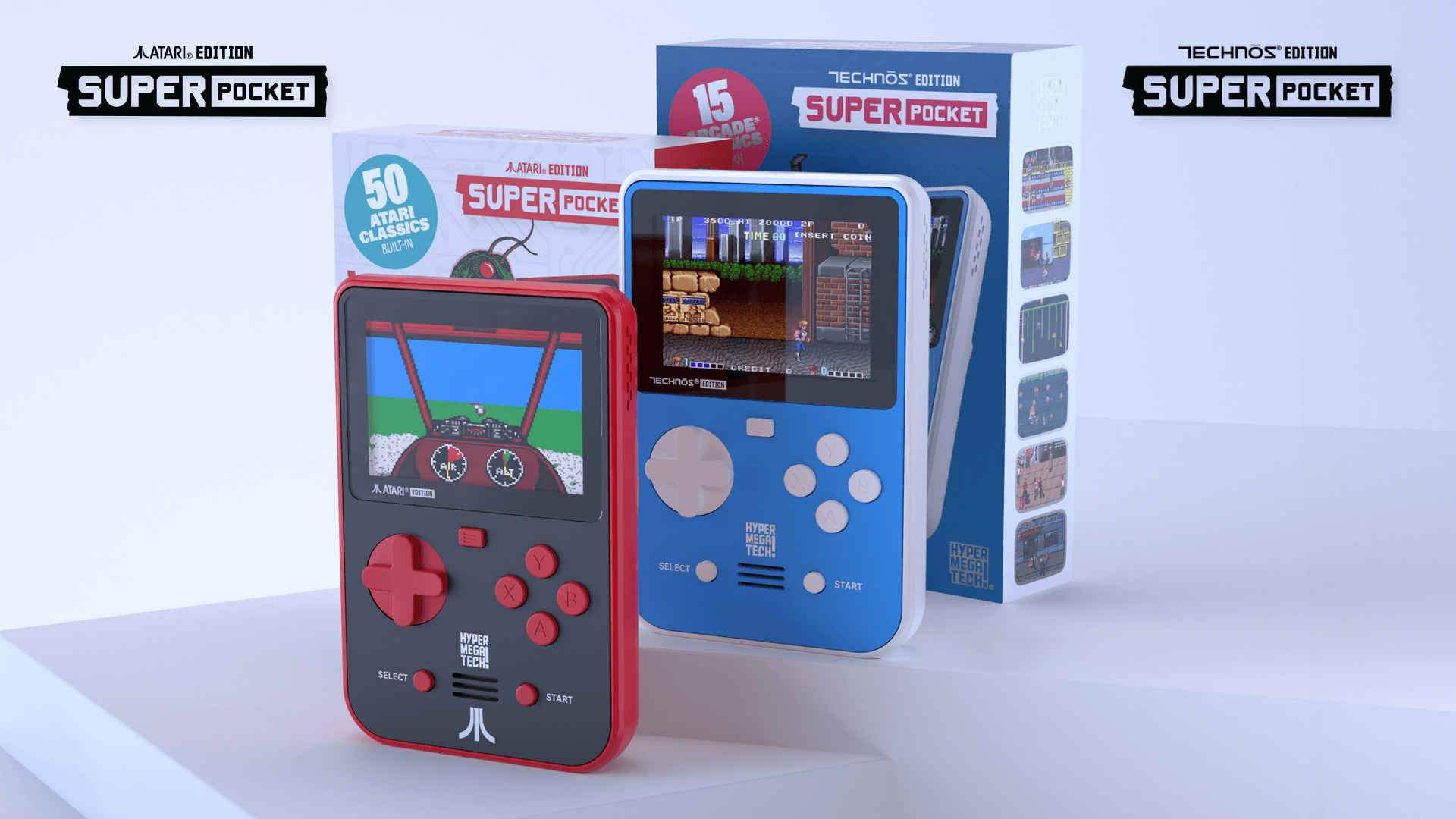 Atari and Technos Super Pocket Consoles and Packaging