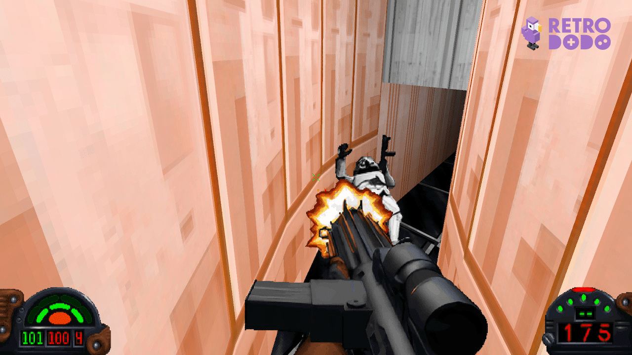 Player shooting a stormtrooper in a corridor